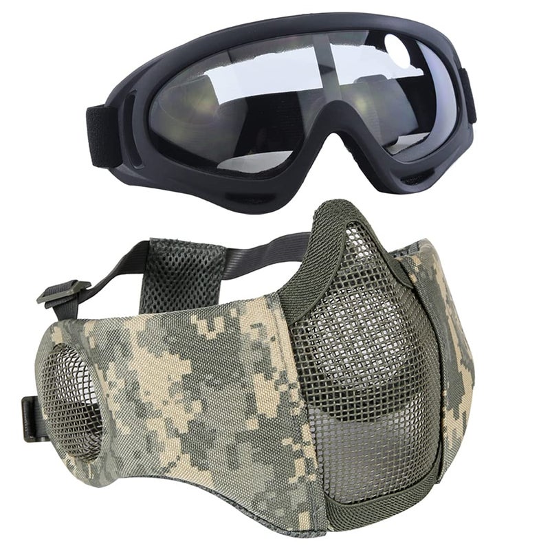 AOUTACC Airsoft Protective Gear Set, Half Face Mesh Mask with Ear Protection and Tactical Goggles for Adult Men Women BBS Paintball Shooting CS Survival Games Cosplay (ACU) - Image 1